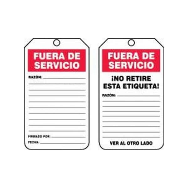 Accuform Spanish Safety Tags, OUT OF SERVICE, 5.75in x 3.25in, RP-Plastic, 25PK SHTRS243PTP - main